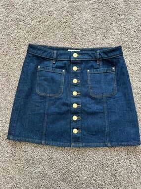 LOFT Denim Mini Skirt Button Front Gold Buttons Dark Wash Size 10